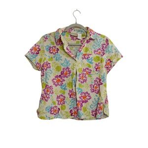 Fieldgear Womens Linen Blend Floral Button Up Shirt Short Sleeve Tropical Small